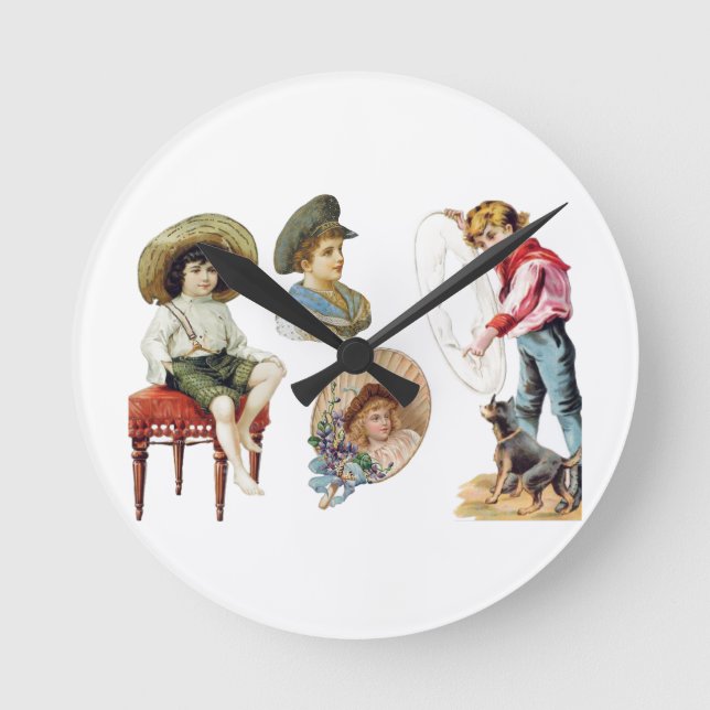 Relógio Redondo Crianças Victorianas charmosas e Colagem de Cães (Frente)