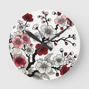 Relógio Redondo Crimson Blossom Elegance - Flora Inspirada no Japo