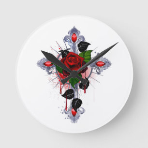 Relógio Redondo Cruz de Prata com Rosa vermelha