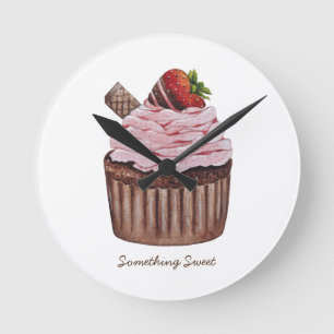 Relógio Redondo Cupcake De Morango Cento Em Aquarela