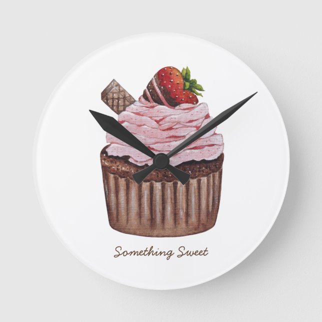 Relógio Redondo Cupcake De Morango Cujo Cama É Em Aquarela (Frente)