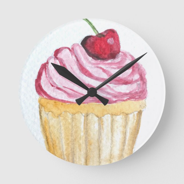 Relógio Redondo Cupcake rosa com cereja (Frente)