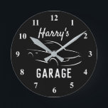 Relógio Redondo Custom black and white car garage wall clock gift<br><div class="desc">Custom black and white car garage wall clock gift. Cool automotive design with personalized name and background color. Christmas or Birthday gift idea for husband, dad, boyfriend, grandpa, boss, coworker, taxi driver, race driver, boy, kids etc. Trendy home decor time clock for mechanic, auto repair shop, garage, man cave etc....</div>