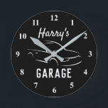 Relógio Redondo Custom black and white car garage wall clock gift<br><div class="desc">Custom black and white car garage wall clock gift. Cool automotive design with personalized name and background color. Christmas or Birthday gift idea for husband, dad, boyfriend, grandpa, boss, coworker, taxi driver, race driver, boy, kids etc. Trendy home decor time clock for mechanic, auto repair shop, garage, man cave etc....</div>