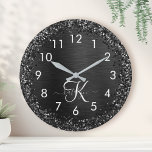 Relógio Redondo Custom Black Glitter Sparkle Monogram<br><div class="desc">Easily personalize this trendy elegant clock design featuring pretty black sparkling glitter on a black brushed metallic background.</div>