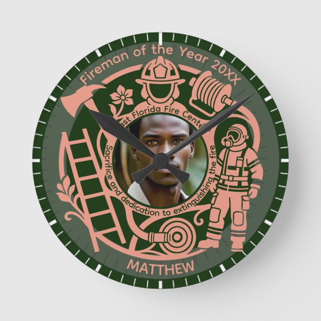 Relógio Redondo Custom Fireman Year Award Photo Clock (Frente)