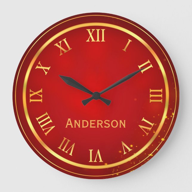 Relógio Redondo Custom Name Red Gold Classy Elegant Roman (Frente)