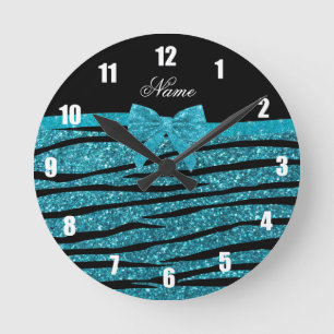 Relógio Redondo Custom name turquoise glitter zebra stripes bows