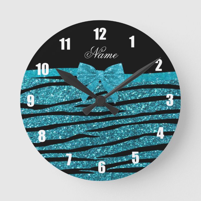 Relógio Redondo Custom name turquoise glitter zebra stripes bows (Frente)