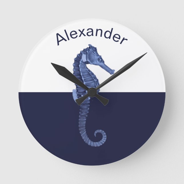 Relógio Redondo Custom Nautical Seahorse Navy Blue Ocean Beach  (Frente)