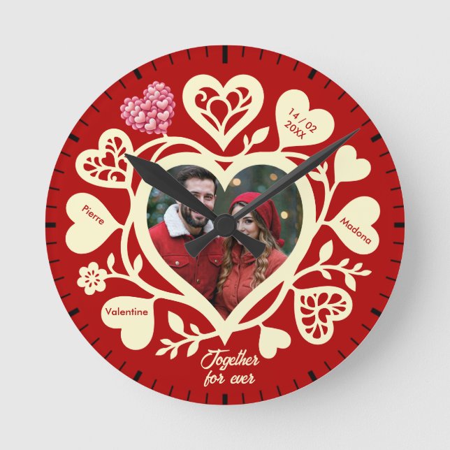 Relógio Redondo Custom Red Cream Photo Heart Clock (Frente)