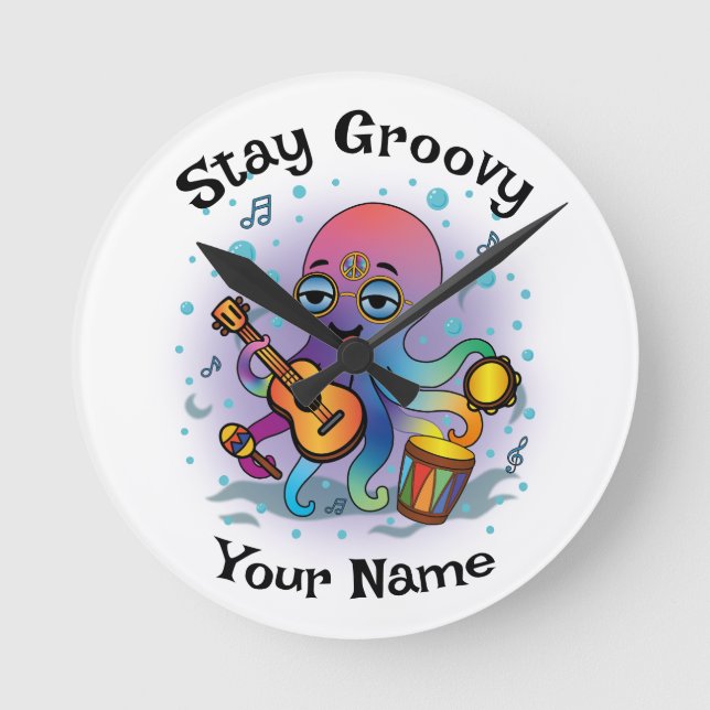 Relógio Redondo Custom Wall Clock | Retro Octopus | Name & Text (Frente)