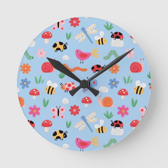 Relógio Redondo Cute Bugs Kids Wall Clock – Ladybirds, Bees & Natu (Frente)