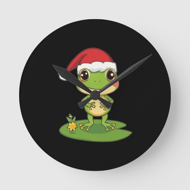 Relógio Redondo Cute Cartoon Frog Character Wearing a Santa Hat on (Frente)