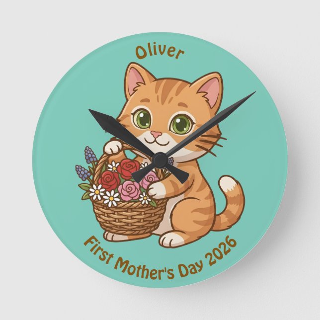 Relógio Redondo Cute Cat Nursery Wall Clock: Baby Gift (Frente)