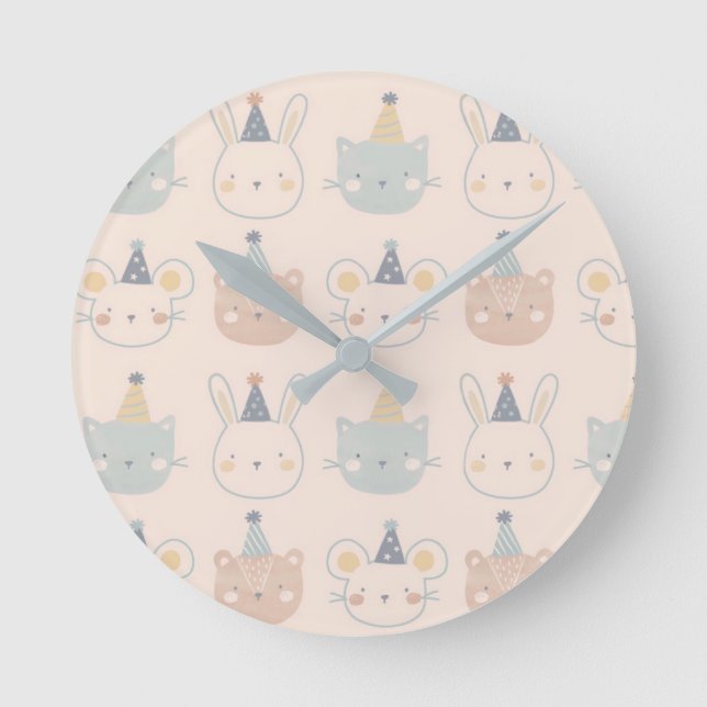 Relógio Redondo Cute Cats Rabbits and Bears Faces Pastel Pattern (Frente)