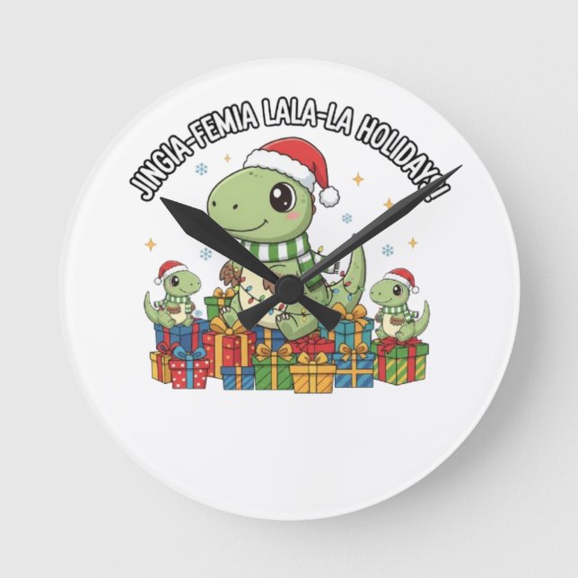 Relógio Redondo Cute Christmas Dino Family – Festive Holiday Gifts (Frente)