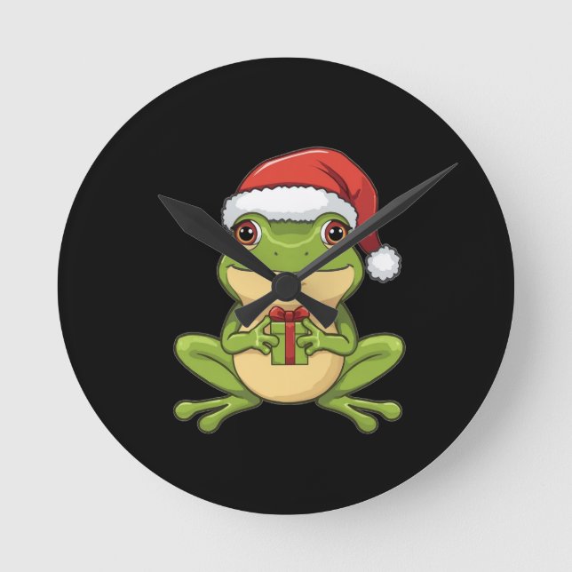 Relógio Redondo Cute Christmas Frog with Santa Hat Holding  Gift - (Frente)