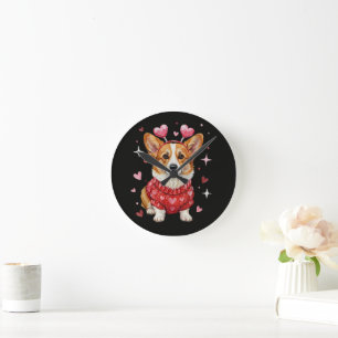 Relógio Redondo Cute Corgi Coração de São Valentão Dia dos Namorad