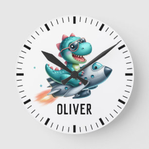 Relógio Redondo Cute Dino Trex Piloto Voando Jato Aeronave