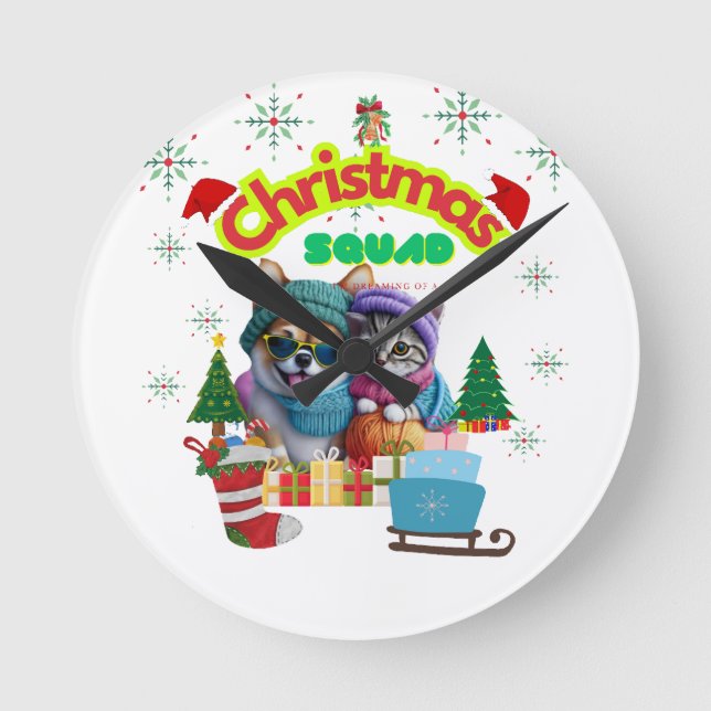 Relógio Redondo Cute dog and cat Christmas squad design  (Frente)