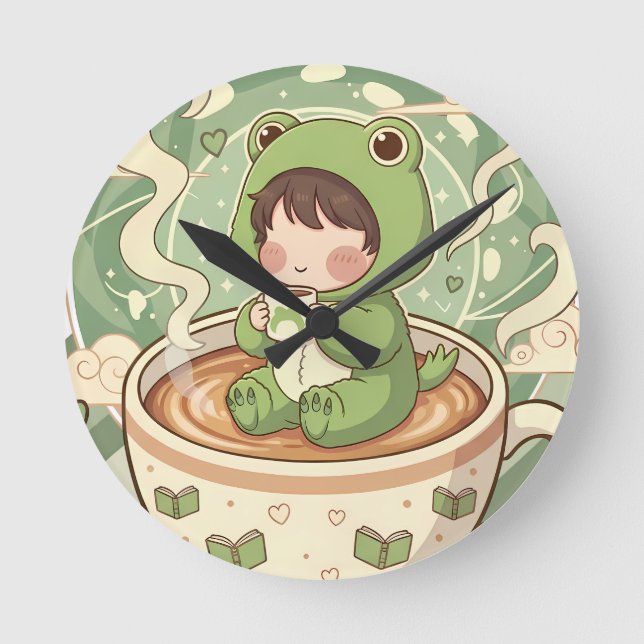 Relógio Redondo Cute Froggy Coffee Tale Design (Frente)