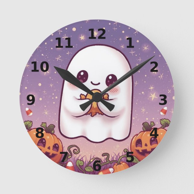 Relógio Redondo Cute Ghost Halloween Wall Clock ⏰👻 (Frente)