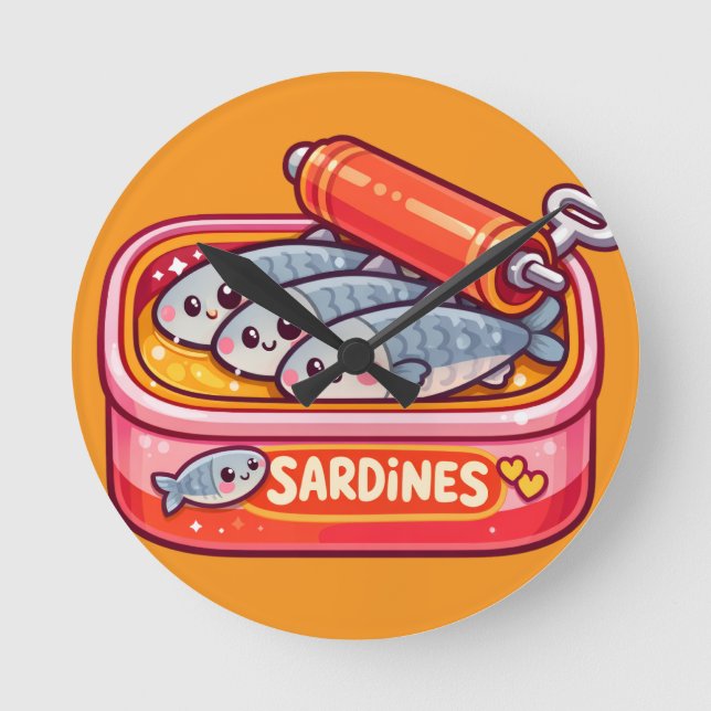Relógio Redondo Cute Sardines Can Pink Orange (Frente)
