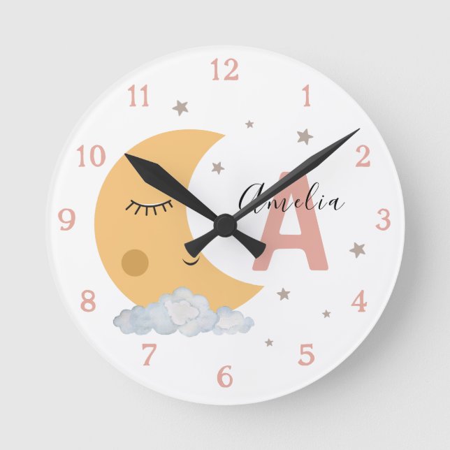 Relógio Redondo Cute Sleeping Moon Baby Nursery Clock Peach Pink (Frente)