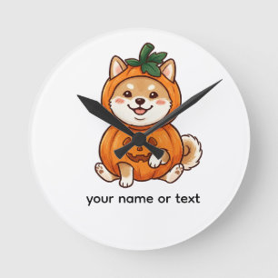 Relógio Redondo Cute Traje de Abóbora Shiba Inu Ilustração de Hall