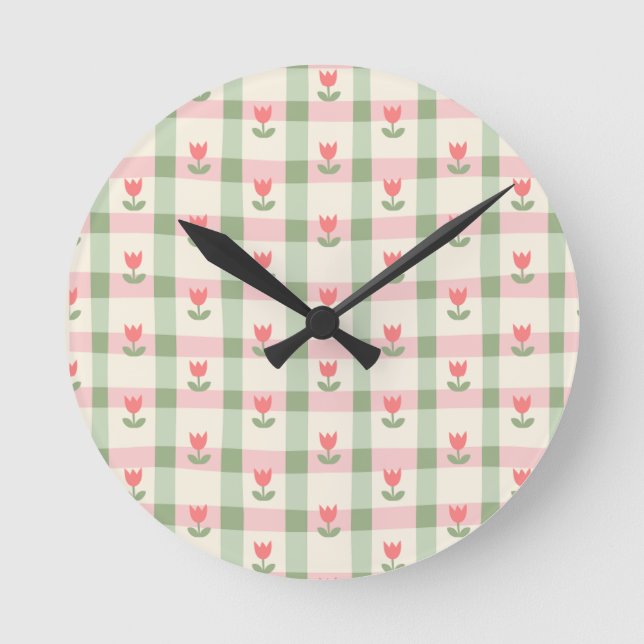 Relógio Redondo Cute Tulip Checkered Pattern | Pastel Floral  (Frente)