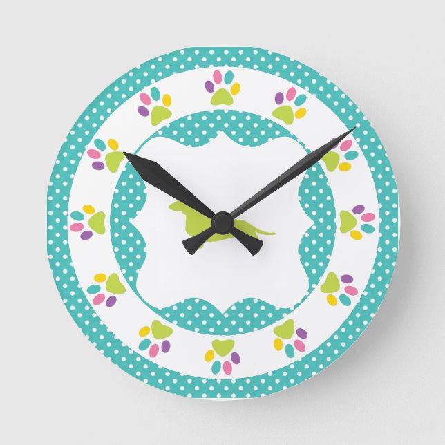 Relógio Redondo Dachshund azul do impressão da pata do arco-íris (Frente)