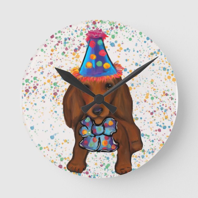 Relógio Redondo Dachshund Vermelho de Cabelo Longo (Frente)