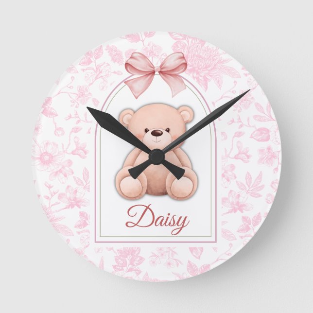 Relógio Redondo Daisy | Design de Enfermeiro de Urso Rosa Personal (Frente)