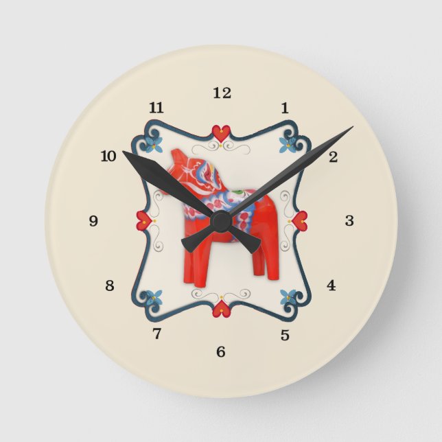 Relógio Redondo Dala Horse Folk Art em Sueco (Frente)