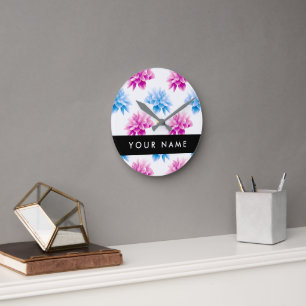 Relógio Redondo Dália Rosa e Azul, Padrão Floral, Seu Nome