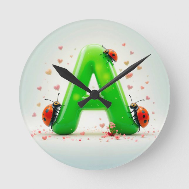 Relógio Redondo Damybugs Bonitos sobre Alfabeto Verde - Letra A (Frente)
