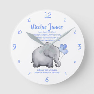 Relógio Redondo Data de Natal Personalizada Baby Blue Elephant