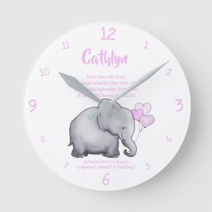 Relógio Redondo Data de Natal Personalizada Elefante Rosa Bebê