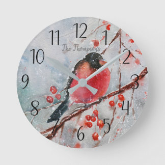 Relógio redondo de cenas de inverno com aves verme