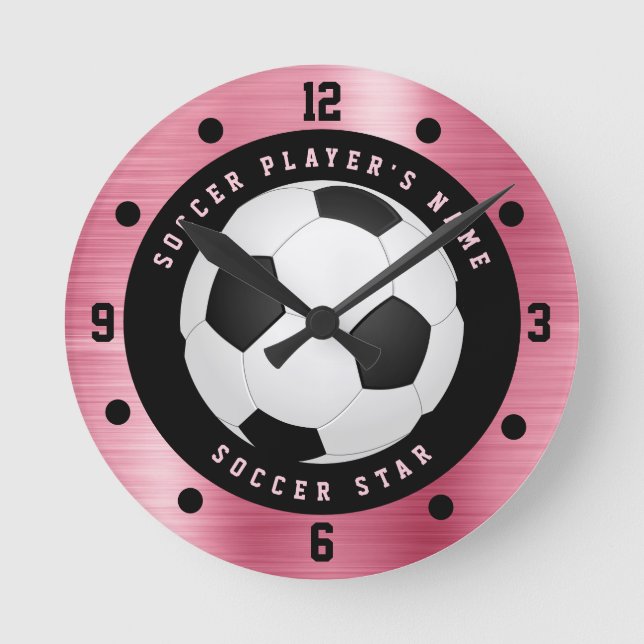 Relógio Redondo de Futebol Personalizado Rosa para (Frente)