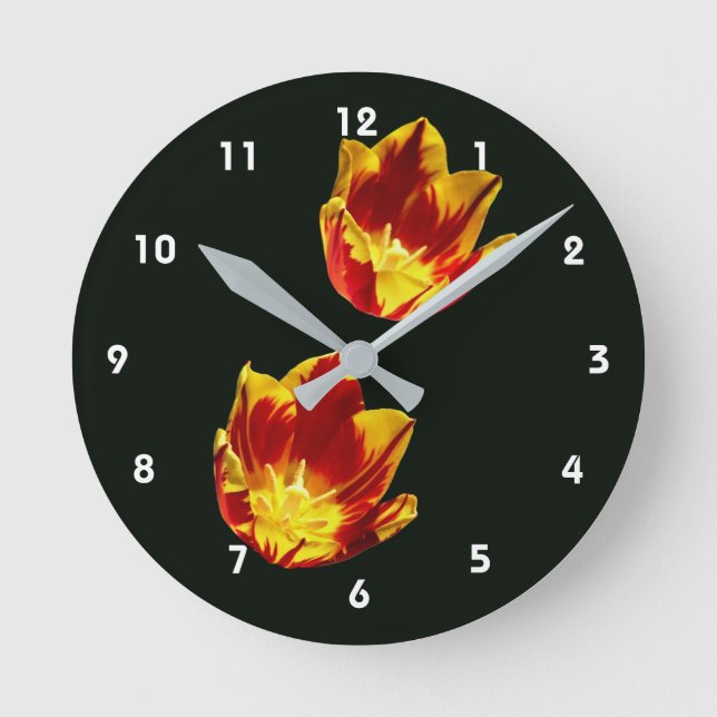 Relógio Redondo de Tulipas Flamejantes (Frente)