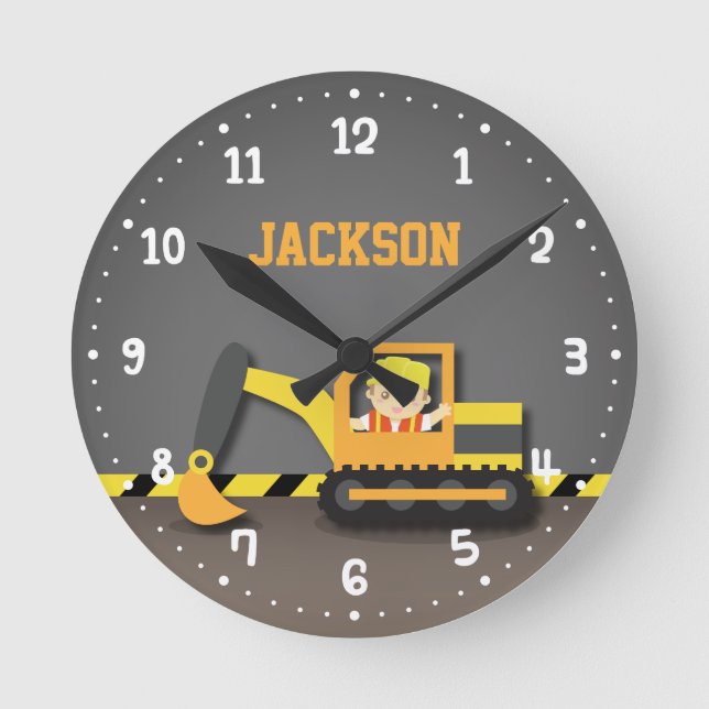 Relógio Redondo Decor de Salas de Construção do Escavador Laranja (Frente)
