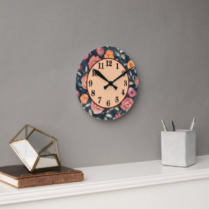 Relógio Redondo Decoração floral laranja e rosa