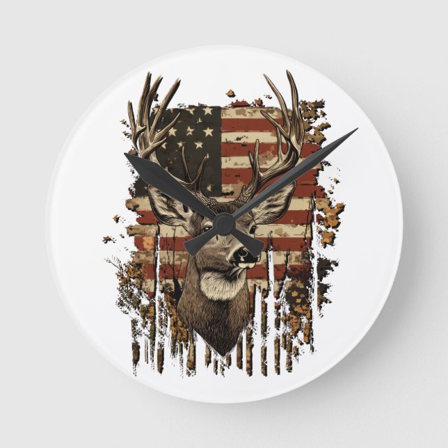 Relógio Redondo Deer, Buck Season USA Flag (Frente)