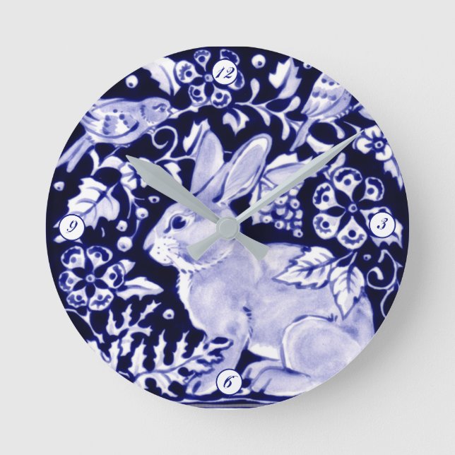Relógio Redondo Delft Blue Bunny Rabbit Birds Dedham Elegant (Frente)