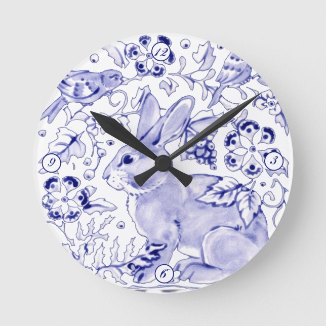 Relógio Redondo Delft Blue Bunny Rabbit Birds Dedham Elegant (Frente)