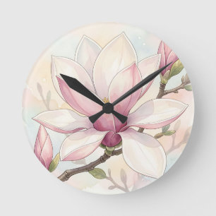 Relógio Redondo Delicada Magnólia Rosa em Aquarela em Flor