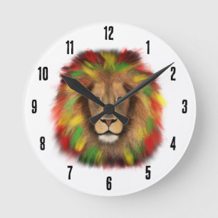 Relógio Redondo Desenho da cabeça de leão Rasta vermelho amarelo v