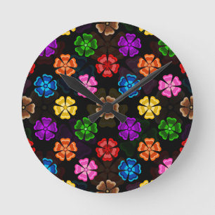 Relógio Redondo Desenho de Flores Arco-Íris Colorido Retro Preto